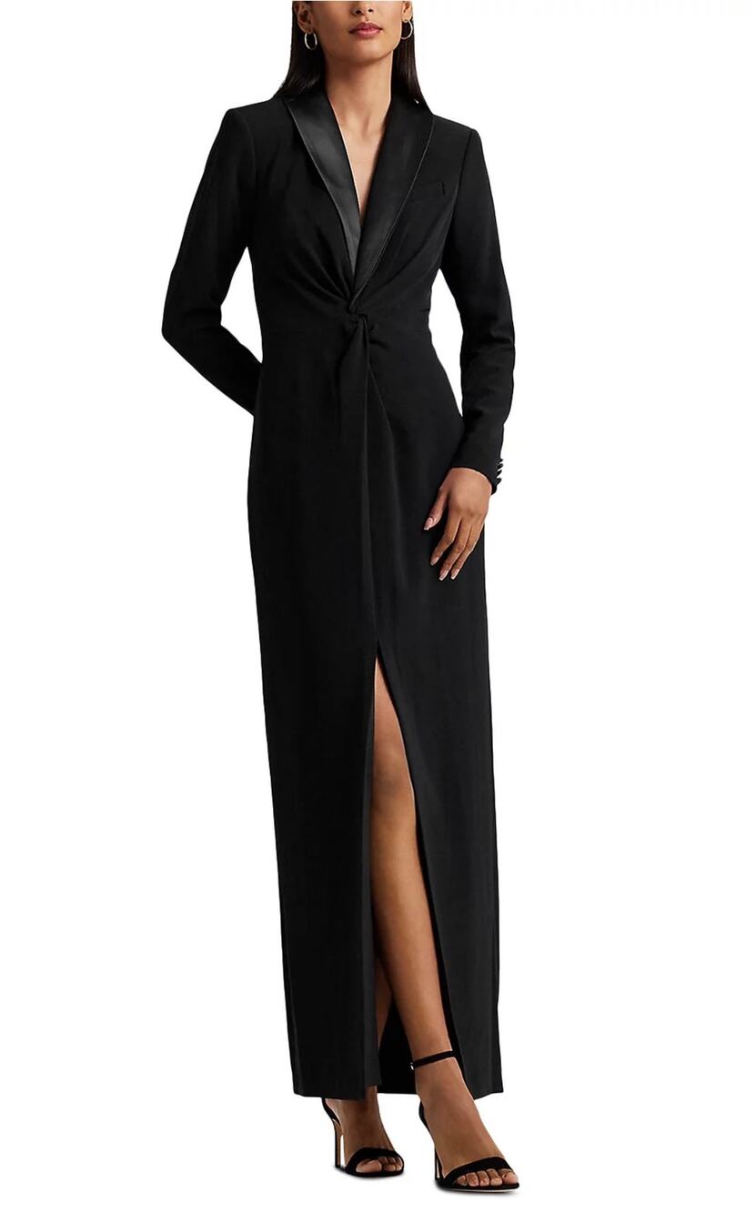 Ralph Lauren Black Evening Gown Long Sleeve Tuxedo Formal Column Dress Size 12